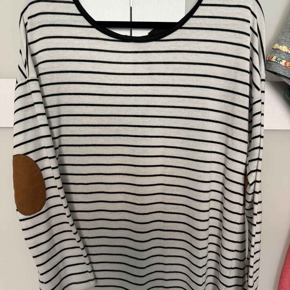 Sweet Wanderer Striped Bow-Back Long Sleeve Top with Elbow Patches, Size XL